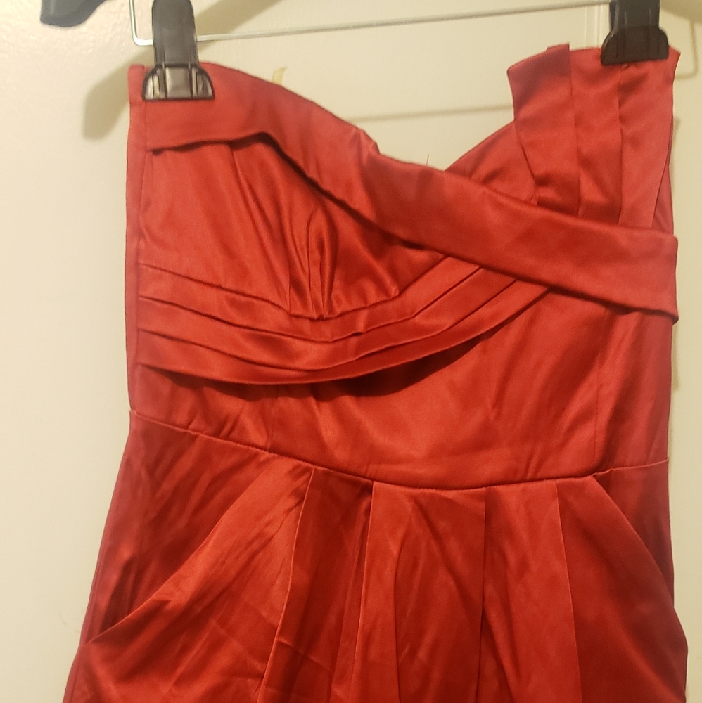 Red satin strapless mini dress